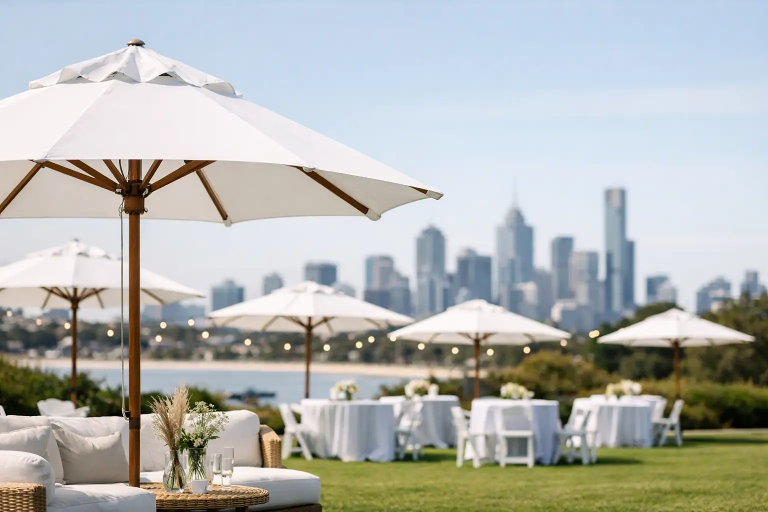 White Outdoor Umbrella Hire for Melbourne Events